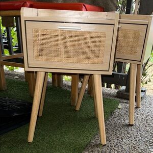 Wooden Nightstand with Rattan Drawer